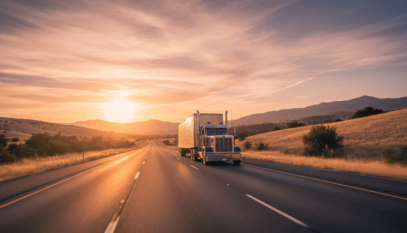 Semi-truck driving on a highway at sunset with open desert landscape