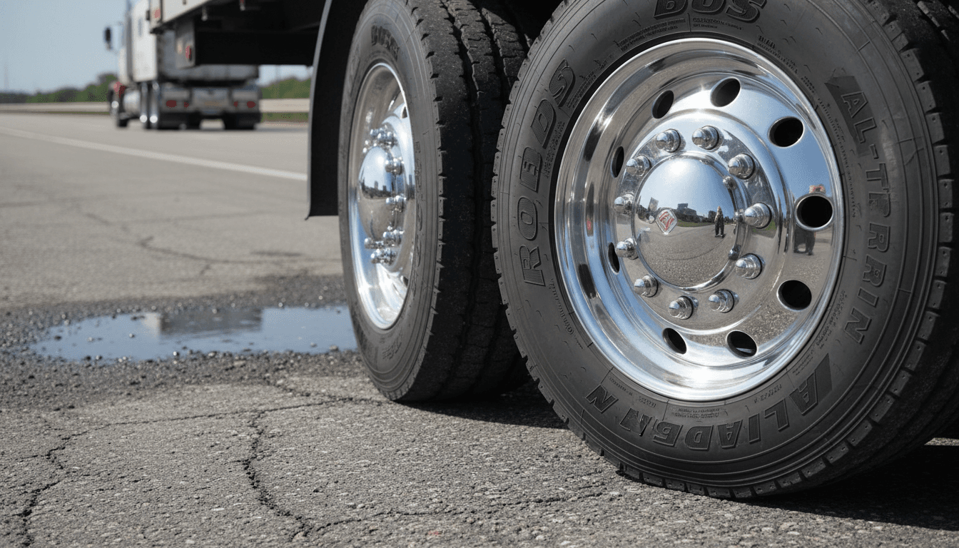 Close-up of truck tires and chrome rims on asphalt